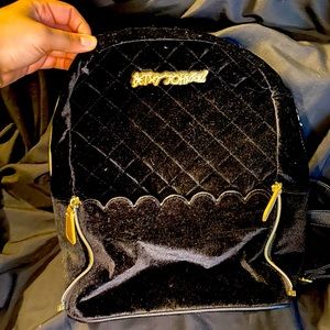 Betsy Johnson black velvet backpack with gold
